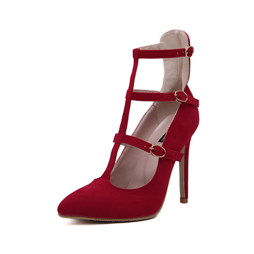 Stylish Pointed Closed Toe Hollow-out Stiletto Super High Heel Red Suede Pumps