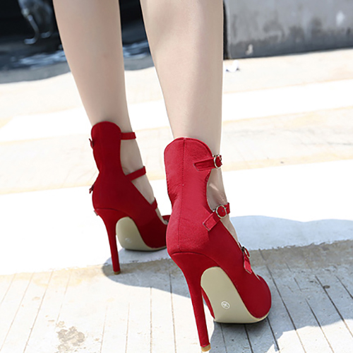 Stylish Pointed Closed Toe Hollow-out Stiletto Super High Heel Red Suede Pumps