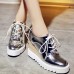 Sweet Style Square Closed Toe Lace-up Wedges Super High Heel Silver PU Basic Pumps