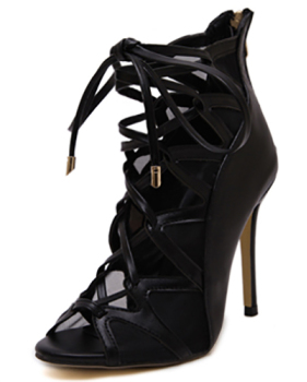 Trendy Open Toe Cross Lace-up Hollow-out Stiletto Super High Heel Black PU Pumps