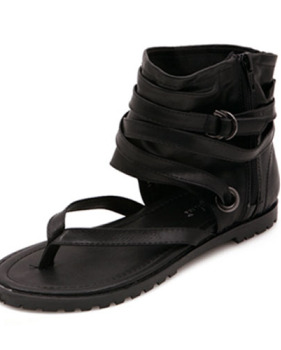 Casual Clip Toe Flat Low Heel Black PU Sandals