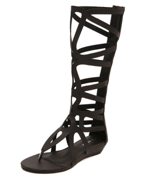 Fashion Clip Toe Hollow-out Flat Low Heel Black PU Gladiator Sandals