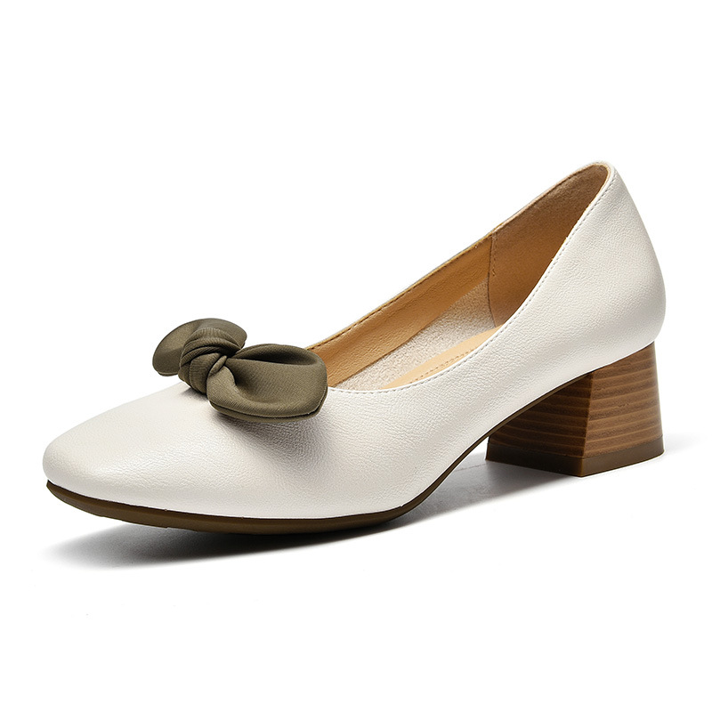 New fashion versatile bow medium coarse heel shallow mouth single shoes #95022