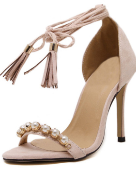 Stylish Open Toe Cross Lace-up Hollow-out Stiletto Super High Heel Apricot PU Ankle Strap Sandals
