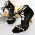 Stylish Open Toe Cross Lace-up Hollow-out Stiletto Super High Heel Black PU Ankle Strap Sandals