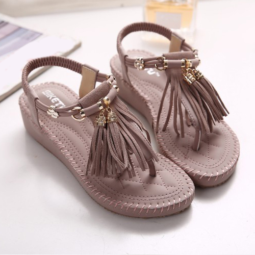 Stylish Open Toe Tassel Design Flat Low Heel Pink PU Sandals
