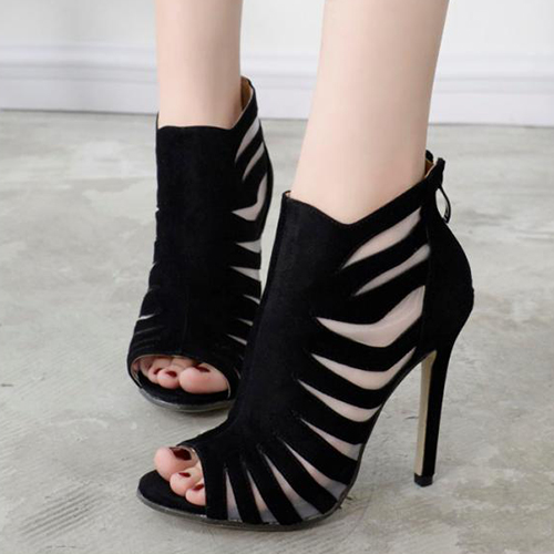 Stylish Pointed Peep Toe Hollow-out Stiletto Super High Heel Black Suede Sandals