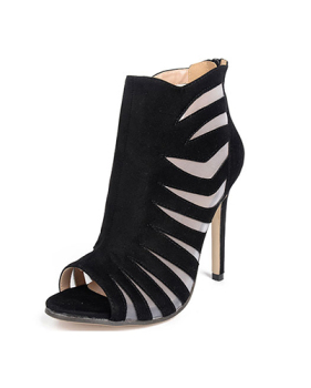 Stylish Pointed Peep Toe Hollow-out Stiletto Super High Heel Black Suede Sandals