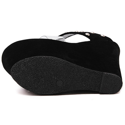 Trendy Open-toe Rivet Decorative Wedge Super High Heel Black PU Sandals