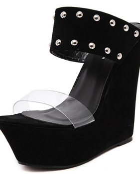 Trendy Open-toe Rivet Decorative Wedge Super High Heel Black PU Sandals