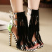 Trendy Peep Toe Patchwork Striped Tassels Decorated Stiletto Super High Heel Black PU Ankle Wrap Sandals
