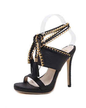Trendy Point Peep Toe Chain Decorative Stiletto Super High Heel Black PU Ankle Strap Sandals