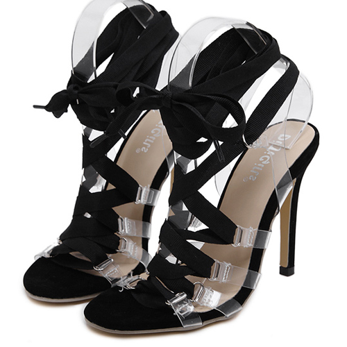 Trendy Round Peep Toe Cross Lace-up Hollow-out Stiletto Super High Heel Black PU Strap Sandals