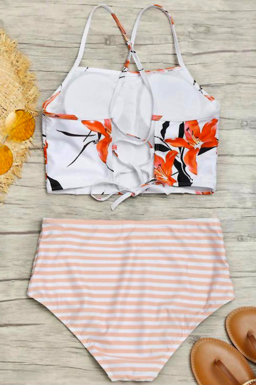  Sexy Lace-up Printed White Polyester Bikini Set(Non Positioning Printing)