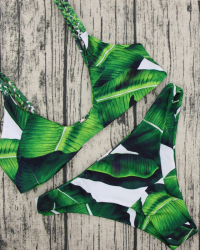  Sexy Leaf Printed Green Polyester Bikini Set