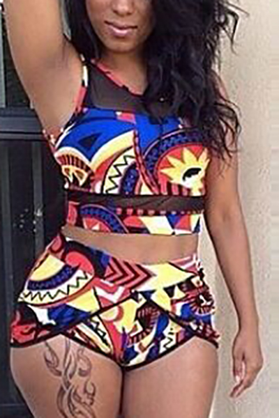 Charming Round Neck Printed Polyester Two-piece Swimwear