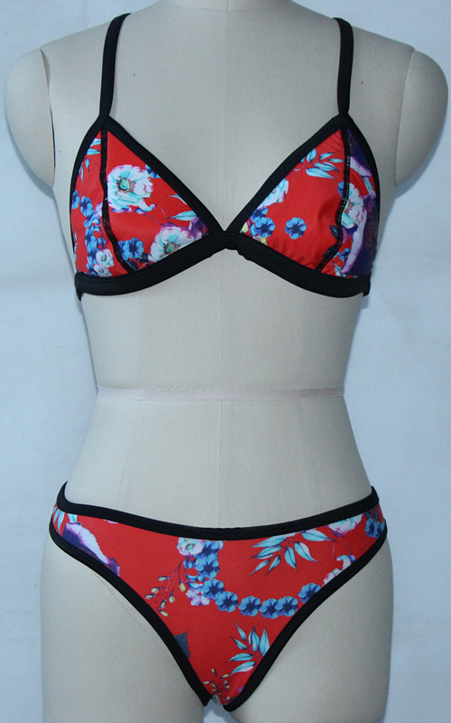 Cheap Sexy Spaghetti Strap Patchwork Floral Print Two-piece Bikini Swimwear