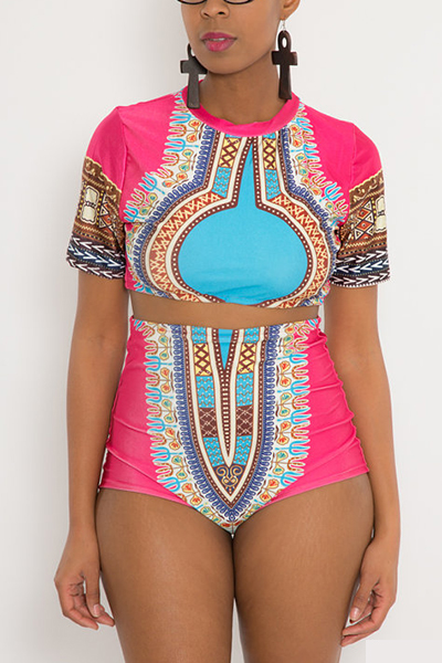 Ethnic Style Round Neck Totem Printed Pink Polyester Two-piece Swimwear