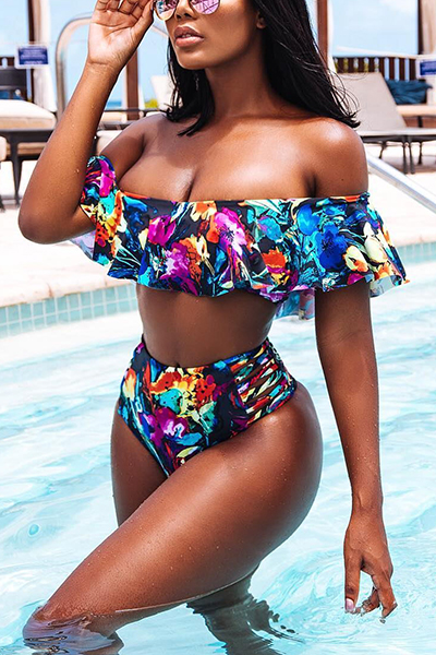 Euramerican Printed Hollow-out Polyester Two-piece Swimwear