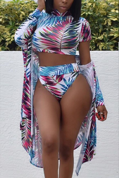 Euramerican Round Neck Printed Polyester Two-piece Swimwear(With Coat)