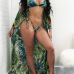 (Non Positioning Printing)Sexy Printed Lace-up Hollow-out Green Polyester Two-piece Swimwear(With Cover-up)