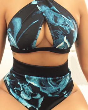 Sexy Cross Bandage Printed Hollow-out Blue Polyester Two-piece Swimwear