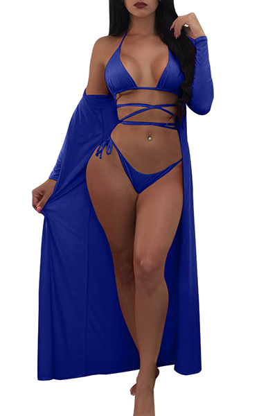 Sexy Lace-up Hollow-out Royalblue Polyester Two-piece Swimwear(With Shawl)