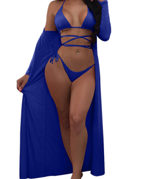 Sexy Lace-up Hollow-out Royalblue Polyester Two-piece Swimwear(With Shawl)