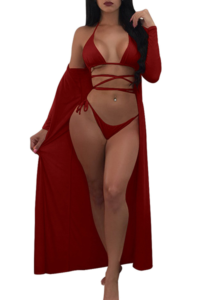 Sexy Lace-up Hollow-out Wine Red Polyester Two-piece Swimwear(With Shawl)