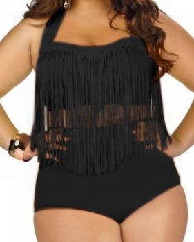 Sexy Plus Size Front Tassels Embellished Black Swimsuit