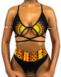 Sexy Printed Hollow-out Black Polyester Two-piece Swimwear(Without Choker)