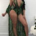 Sexy Printed Hollow-out Dark Green Polyester Two-piece Swimwear(With Shawl)