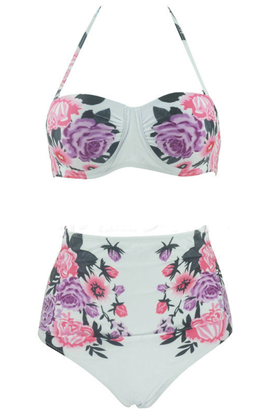 Sexy Printed White Polyester Two-piece Swimwear (Without  Shawl)