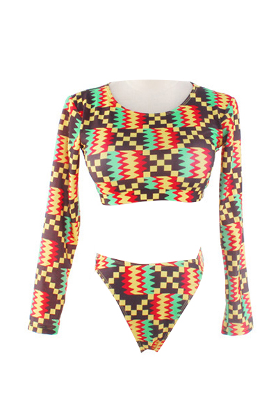 Sexy Round Neck Long Sleeves Patchwork Red Polyester Two-piece Swimwear