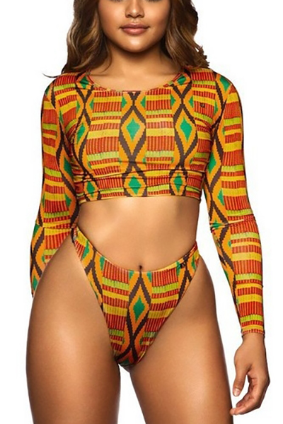 Sexy Round Neck Long Sleeves Patchwork Yellow Polyester Two-piece Swimwear