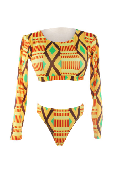 Sexy Round Neck Long Sleeves Patchwork Yellow Polyester Two-piece Swimwear