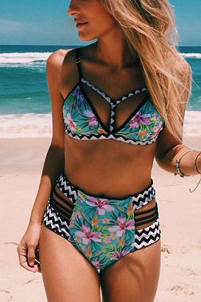 Sexy Spaghetti Strap Printed Hollow-out Polyester Two-piece Swimwear