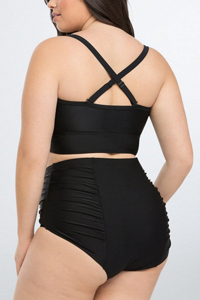 Sexy Spaghetti Strap Sleeveless Fold Design Black Ployester Two-piece Swimsuit