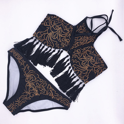 Sexy Tassel Design Black Polyester Two-piece Swimwear