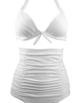 Sexy V Neck High Waist White Nylon Two-piece Swimwear