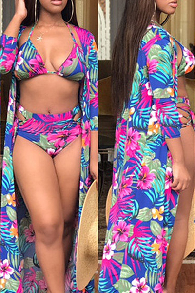 Trendy Printed Hollow-out Milk Fiber Two-piece Swimwear (With Shawl)