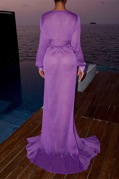 Euramerican Long Sleeves Lace-up Purple Chiffon Cover-Ups