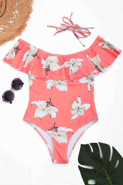  Sexy Floral Printed Pink Polyester One-piece Swimwear