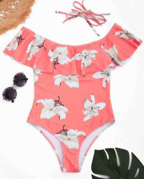  Sexy Floral Printed Pink Polyester One-piece Swimwear