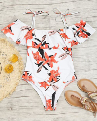  Sexy Floral Printed White Polyester Teddy Swimwear