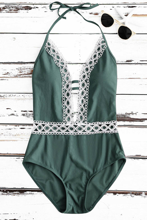  Sexy Lace Spliced Green Nylon One-piece Swimwear