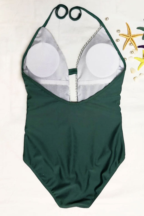  Sexy Lace Spliced Green Nylon One-piece Swimwear