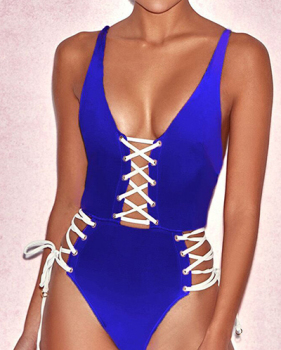 Euramerican Lace-up Hollow-out Royalblue Polyester One-piece Swimwear