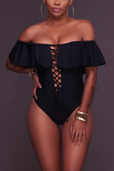 Sexy Bateau Neck Short Sleeves Falbala Design Black Polyester One-piece Swimwear