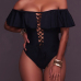 Sexy Bateau Neck Short Sleeves Falbala Design Black Polyester One-piece Swimwear